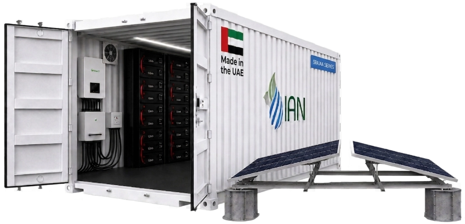 Shuaa container with battery system, inverter and solar panels